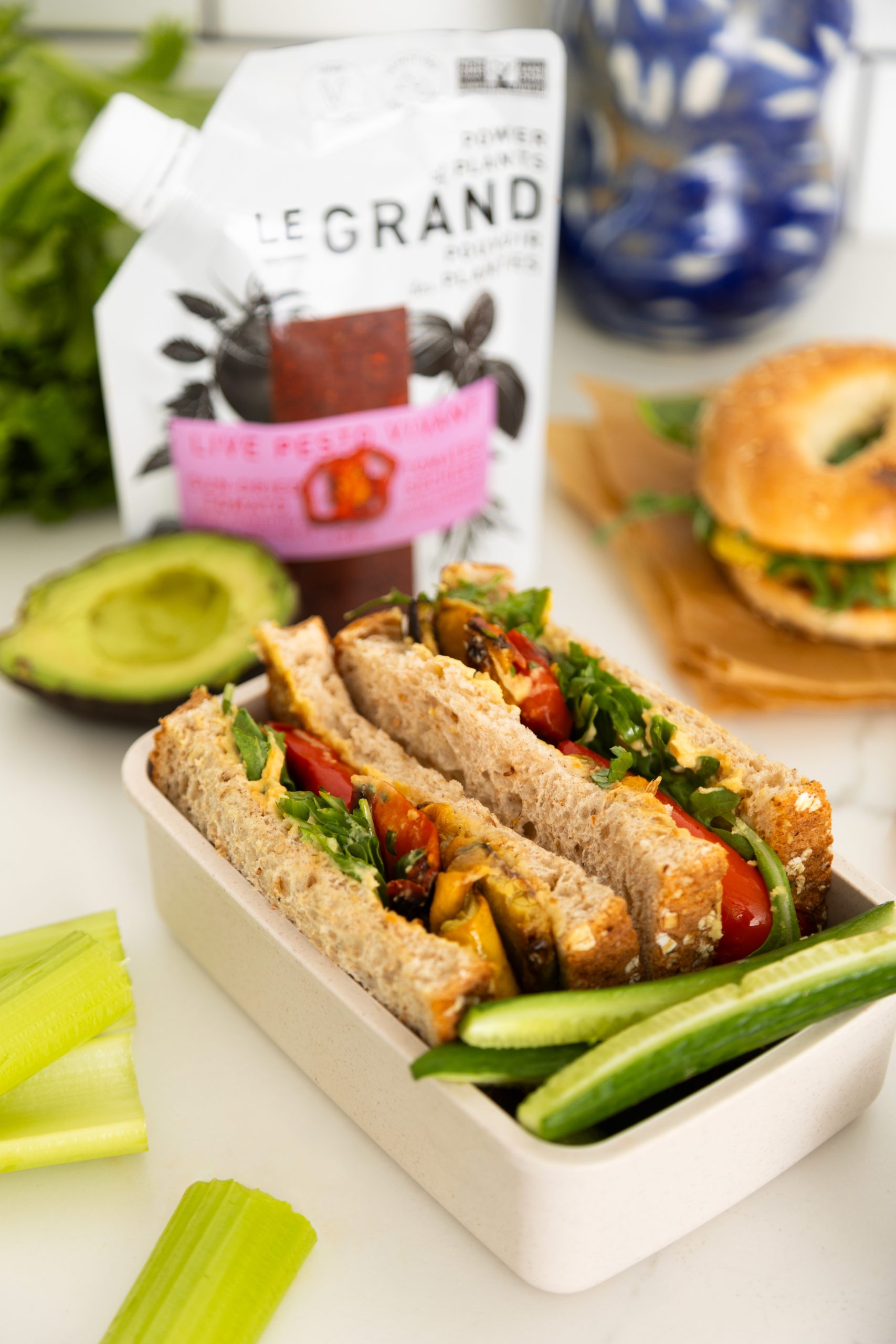 Roasted vegetable sandwich with hummus and live sun-dried tomato pesto