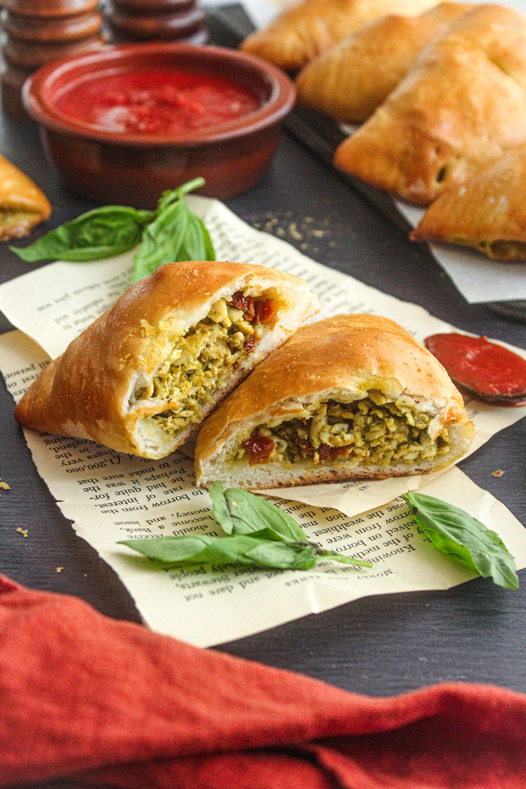 Mini calzones with tofu, brocoli, sun-dried tomatoes and pesto